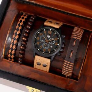 Mens Business Leather Watch Set Woven bracelet Hollowed Out Watch