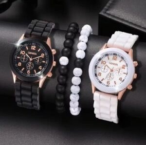 4pcs Black and White Rubber Straps Couple Watch Set and 2 Magnetic Bracelets